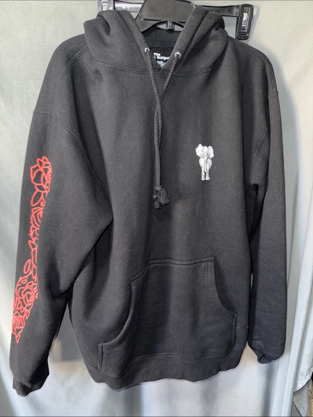White Stripes Black Hoodie with Red Sleeve Graphic -